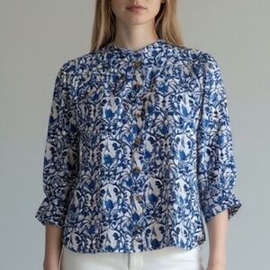 Anthropologie Maeve Parrot Cockatoo Button Blouse Top Sz XSP Cropped Blue White